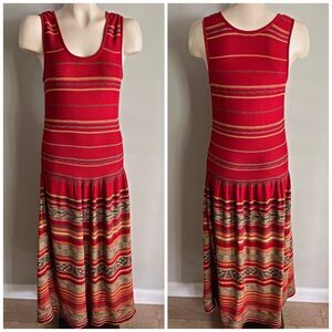 PERUVIAN CONNECTION red woven striped Pima cotton maxi dress boho Navajo beachy